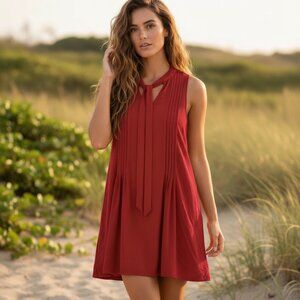 Entro L Red Dress Tie Neck Pintuck Swing Mini Boho Coastal Indie Flowy Hippie